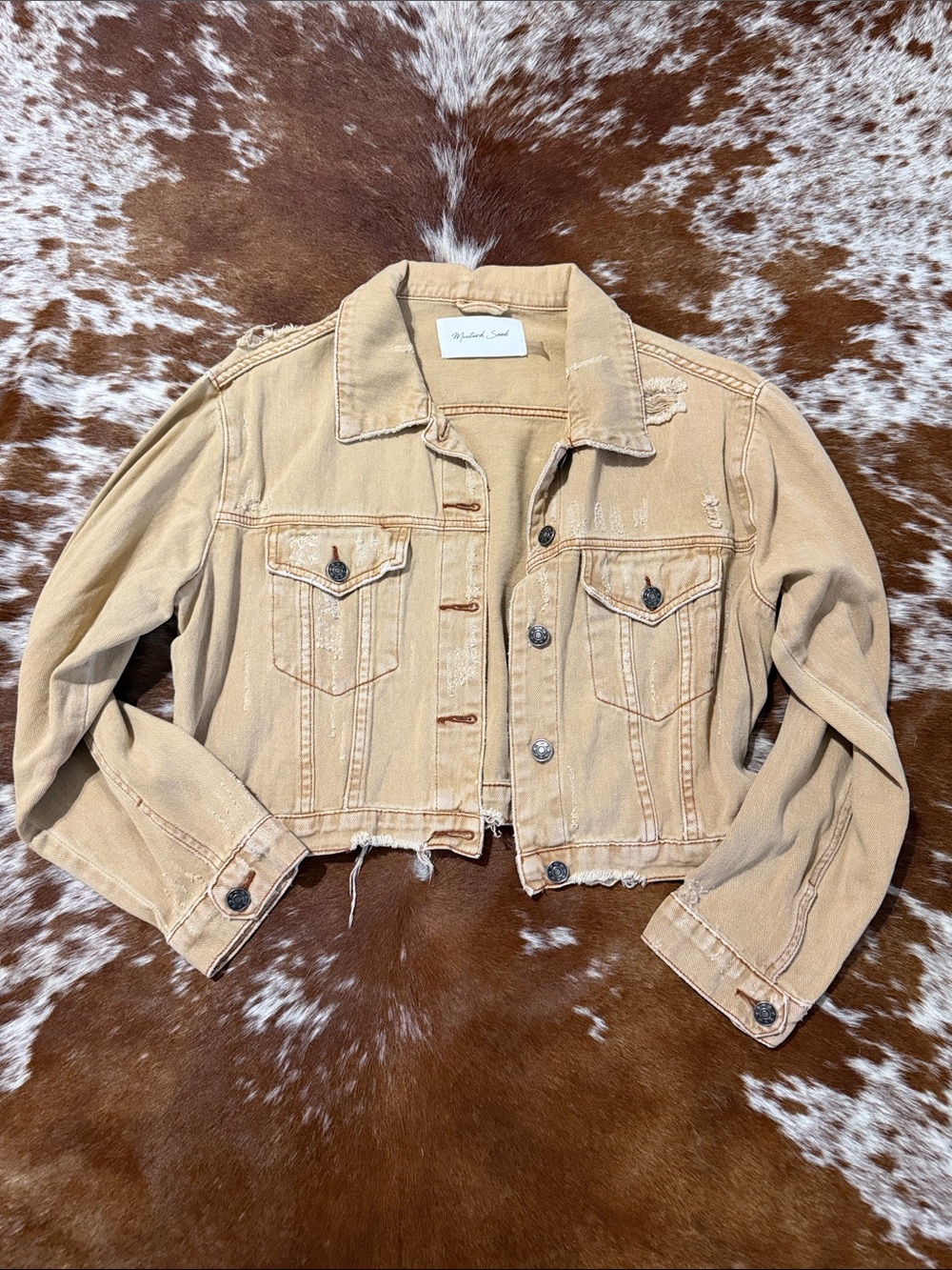 Mustard Seed Cropped Distressed Denim Jacket - Tan